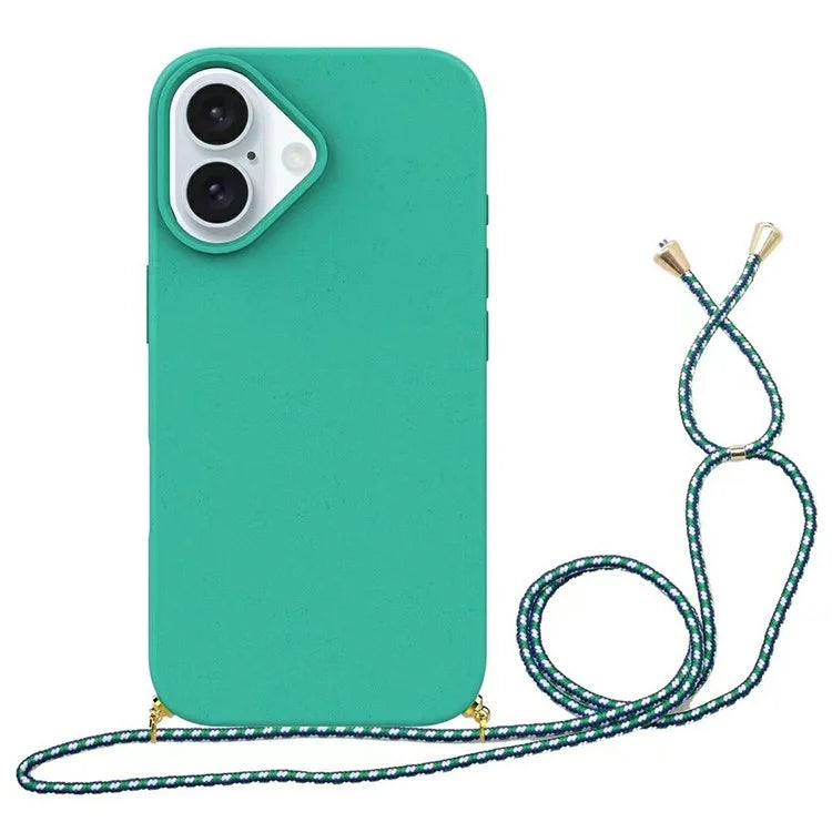 For iPhone 16 Plus Case Biodegradable Wheat Straw+TPU Phone Cover with Lanyard