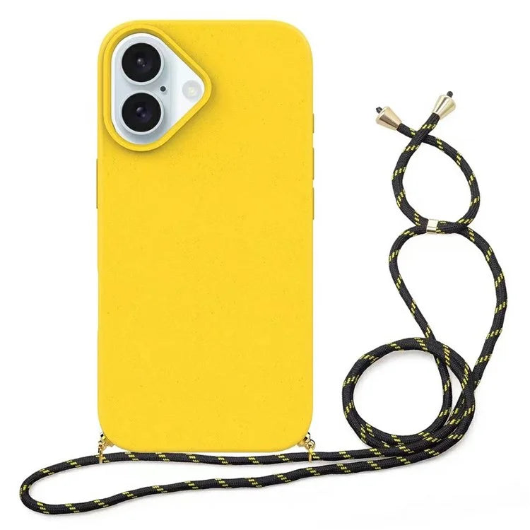 For iPhone 16 Plus Case Biodegradable Wheat Straw+TPU Phone Cover with Lanyard