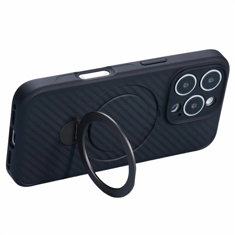 For iPhone 16 Pro Case Carbon Fiber Texture TPU+PC Phone Cover with Rotatable Magnetic Kickstand
