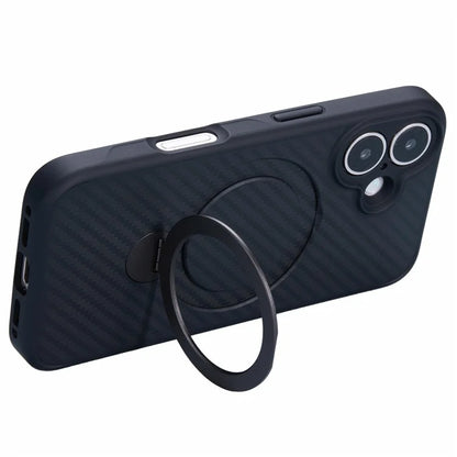 For iPhone 16 Case Carbon Fiber Texture Magnetic Ring Kickstand TPU+PC Phone Cover