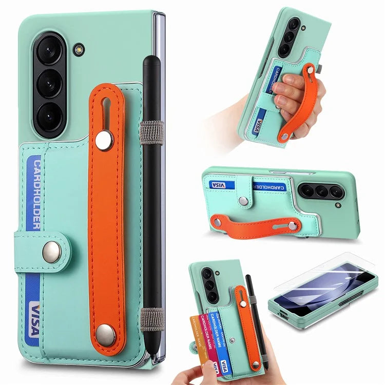 For Samsung Galaxy Z Fold6 5G Case Wristband Kickstand Leather+PC Phone Cover with Screen Film