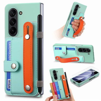 For Samsung Galaxy Z Fold6 5G Case Wristband Kickstand Leather+PC Phone Cover with Screen Film