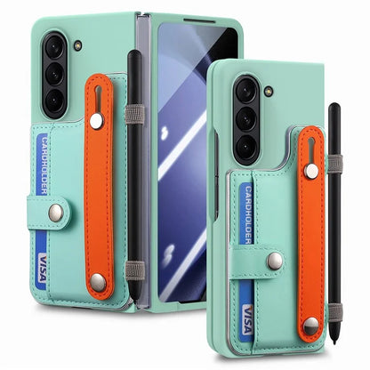 For Samsung Galaxy Z Fold6 5G Case Wristband Kickstand Leather+PC Phone Cover with Screen Film