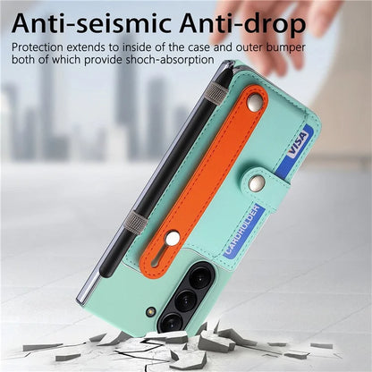 For Samsung Galaxy Z Fold6 5G Case Wristband Kickstand Leather+PC Phone Cover with Screen Film