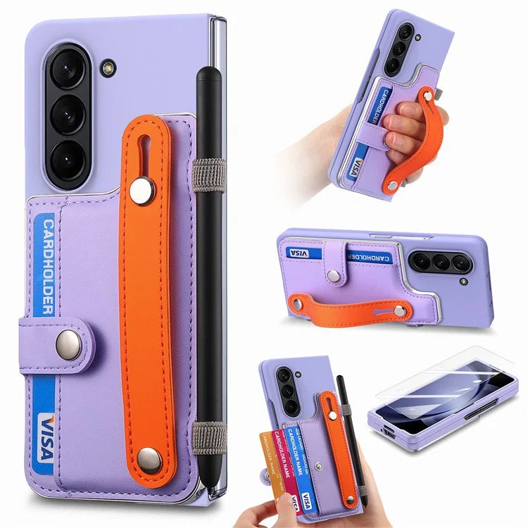 For Samsung Galaxy Z Fold6 5G Case Wristband Kickstand Leather+PC Phone Cover with Screen Film