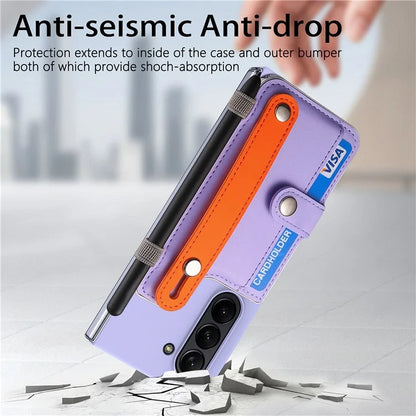 For Samsung Galaxy Z Fold6 5G Case Wristband Kickstand Leather+PC Phone Cover with Screen Film