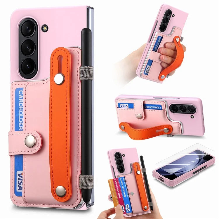 For Samsung Galaxy Z Fold6 5G Case Wristband Kickstand Leather+PC Phone Cover with Screen Film