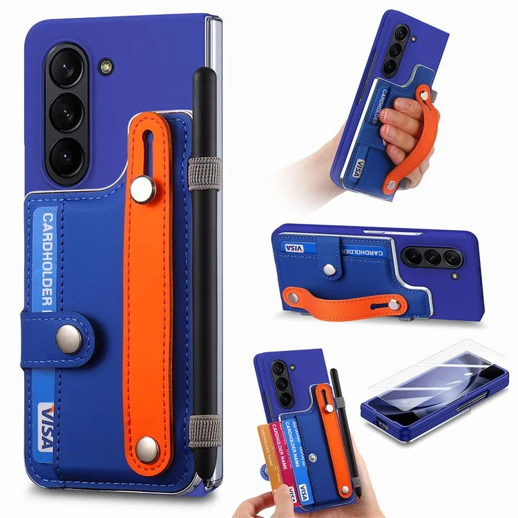 For Samsung Galaxy Z Fold6 5G Case Wristband Kickstand Leather+PC Phone Cover with Screen Film