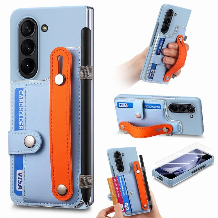 For Samsung Galaxy Z Fold6 5G Case Wristband Kickstand Leather+PC Phone Cover with Screen Film