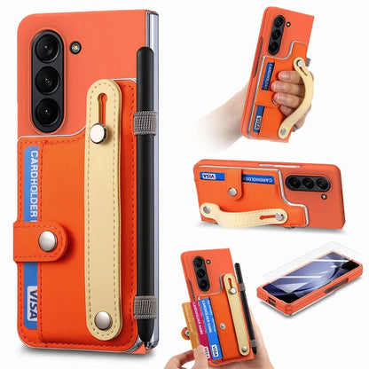 For Samsung Galaxy Z Fold6 5G Case Wristband Kickstand Leather+PC Phone Cover with Screen Film