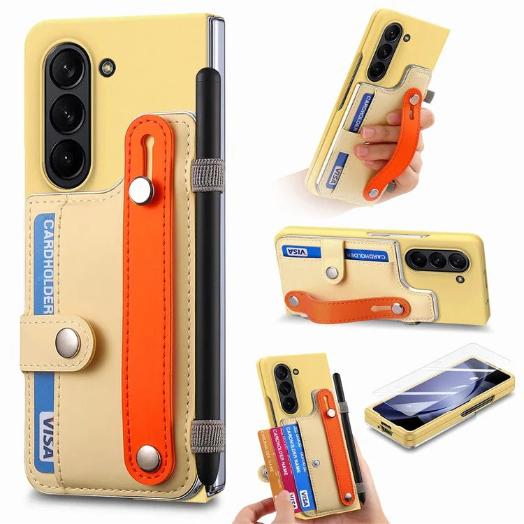 For Samsung Galaxy Z Fold6 5G Case Wristband Kickstand Leather+PC Phone Cover with Screen Film