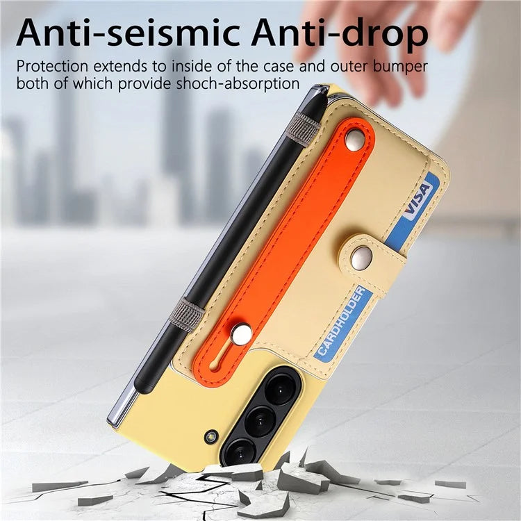 For Samsung Galaxy Z Fold6 5G Case Wristband Kickstand Leather+PC Phone Cover with Screen Film