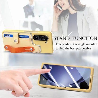 For Samsung Galaxy Z Fold6 5G Case Wristband Kickstand Leather+PC Phone Cover with Screen Film