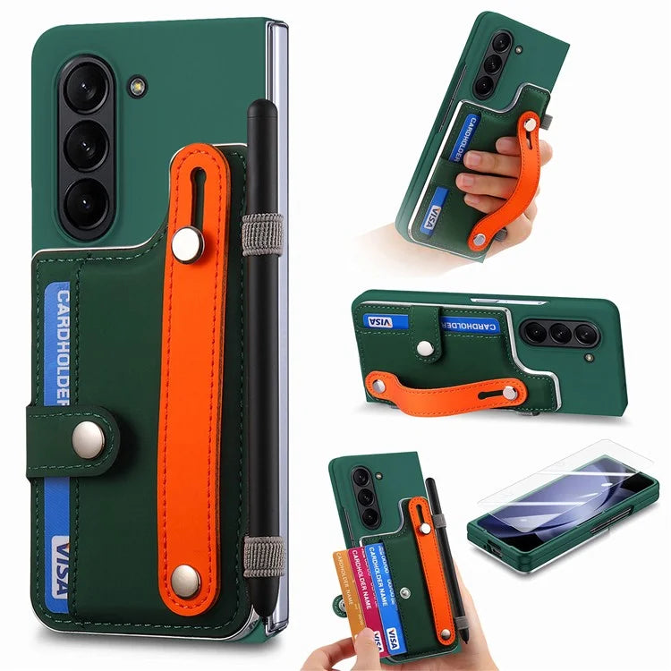 For Samsung Galaxy Z Fold6 5G Case Wristband Kickstand Leather+PC Phone Cover with Screen Film