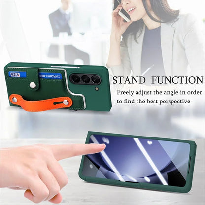 For Samsung Galaxy Z Fold6 5G Case Wristband Kickstand Leather+PC Phone Cover with Screen Film