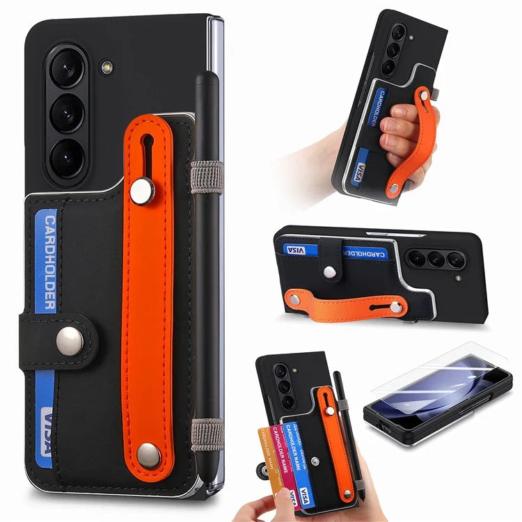 For Samsung Galaxy Z Fold6 5G Case Wristband Kickstand Leather+PC Phone Cover with Screen Film