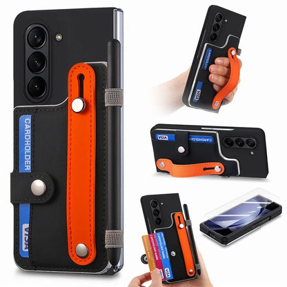 For Samsung Galaxy Z Fold6 5G Case Wristband Kickstand Leather+PC Phone Cover with Screen Film