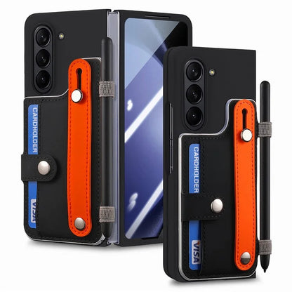 For Samsung Galaxy Z Fold6 5G Case Wristband Kickstand Leather+PC Phone Cover with Screen Film