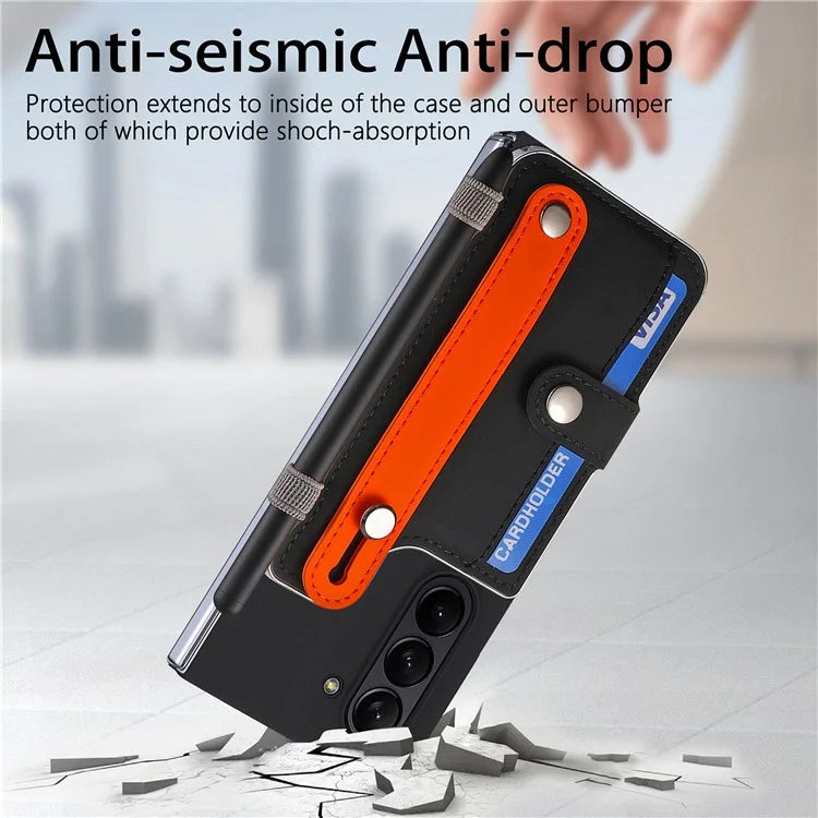 For Samsung Galaxy Z Fold6 5G Case Wristband Kickstand Leather+PC Phone Cover with Screen Film