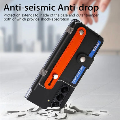 For Samsung Galaxy Z Fold6 5G Case Wristband Kickstand Leather+PC Phone Cover with Screen Film