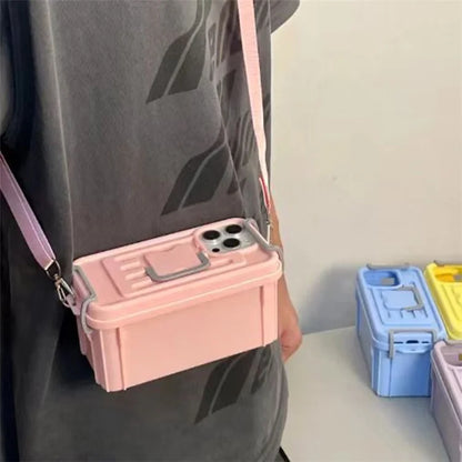 XX Series For iPhone 15 Pro Case Creative Storage Box PC+TPU Cell Phone Cover with Shoulder Strap
