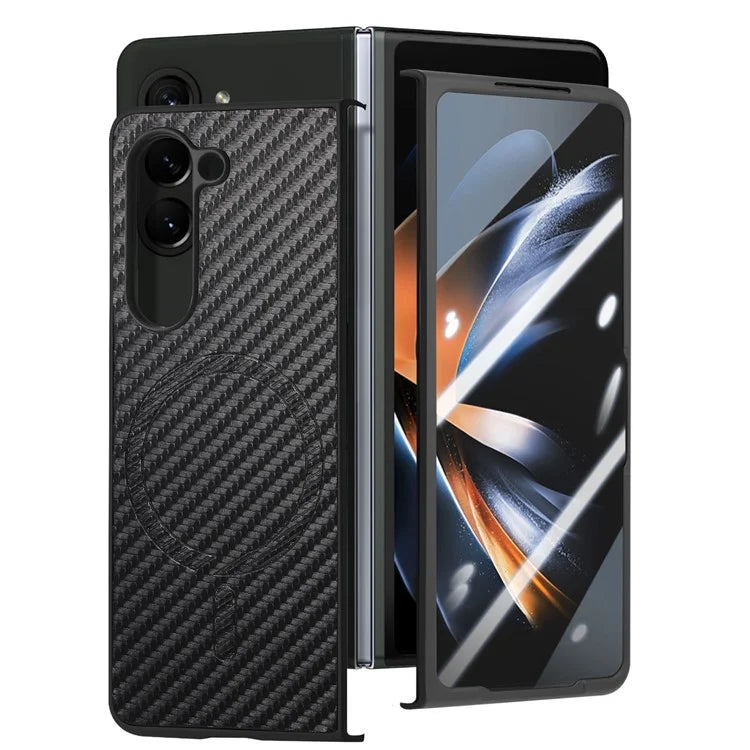 For Samsung Galaxy Z Fold6 5G Magnetic Case Carbon Fiber Texture Leather+PC Cover with Screen Film