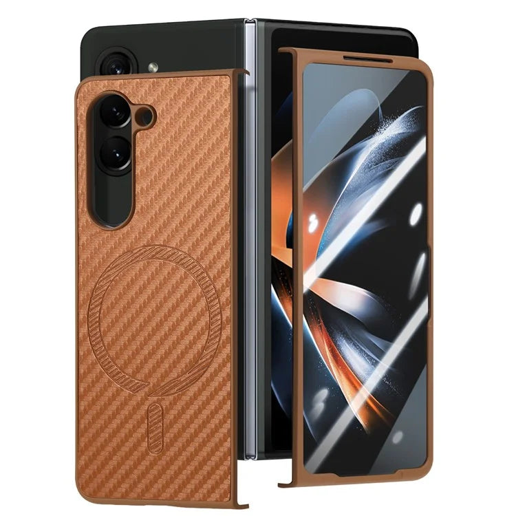 For Samsung Galaxy Z Fold6 5G Magnetic Case Carbon Fiber Texture Leather+PC Cover with Screen Film