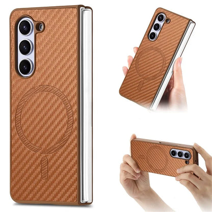 For Samsung Galaxy Z Fold6 5G Magnetic Case Carbon Fiber Texture Leather+PC Cover with Screen Film