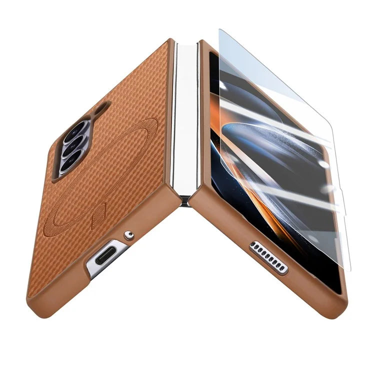 For Samsung Galaxy Z Fold6 5G Magnetic Case Carbon Fiber Texture Leather+PC Cover with Screen Film