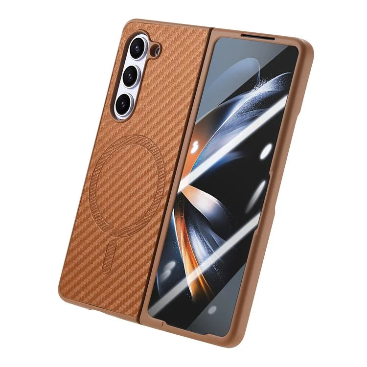 For Samsung Galaxy Z Fold6 5G Magnetic Case Carbon Fiber Texture Leather+PC Cover with Screen Film
