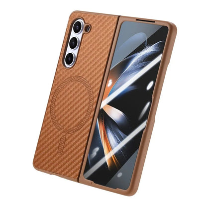 For Samsung Galaxy Z Fold6 5G Magnetic Case Carbon Fiber Texture Leather+PC Cover with Screen Film
