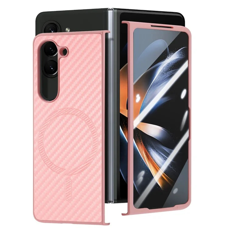 For Samsung Galaxy Z Fold6 5G Magnetic Case Carbon Fiber Texture Leather+PC Cover with Screen Film