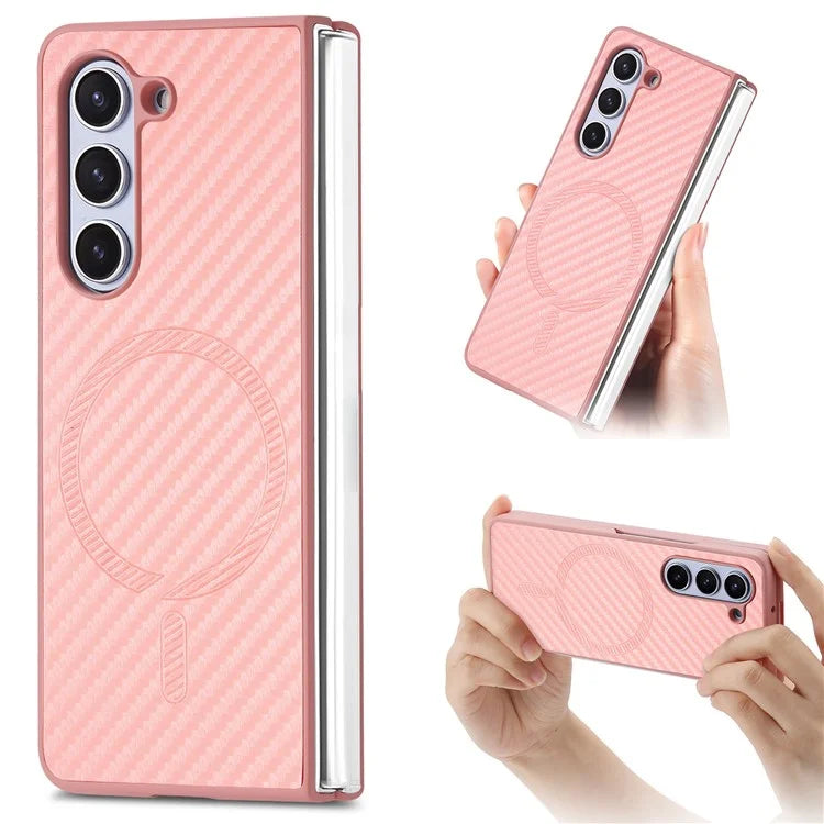 For Samsung Galaxy Z Fold6 5G Magnetic Case Carbon Fiber Texture Leather+PC Cover with Screen Film