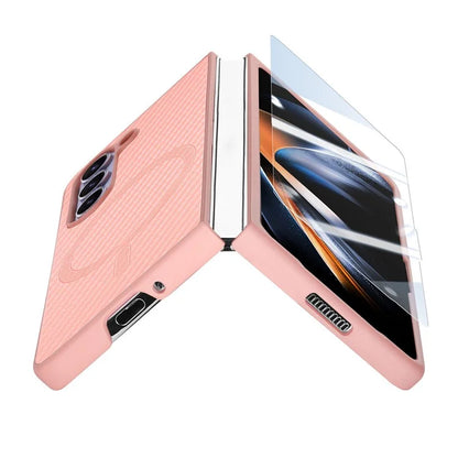 For Samsung Galaxy Z Fold6 5G Magnetic Case Carbon Fiber Texture Leather+PC Cover with Screen Film
