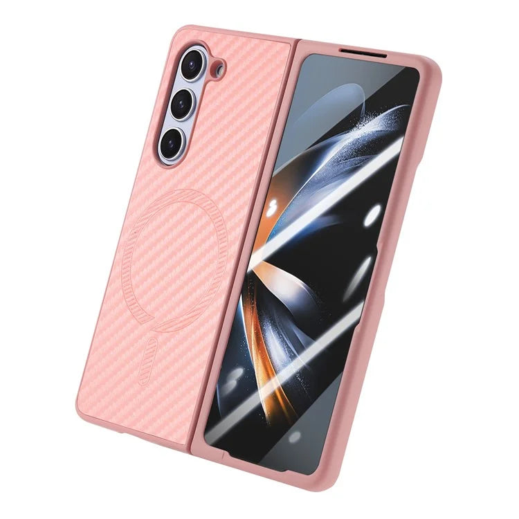 For Samsung Galaxy Z Fold6 5G Magnetic Case Carbon Fiber Texture Leather+PC Cover with Screen Film