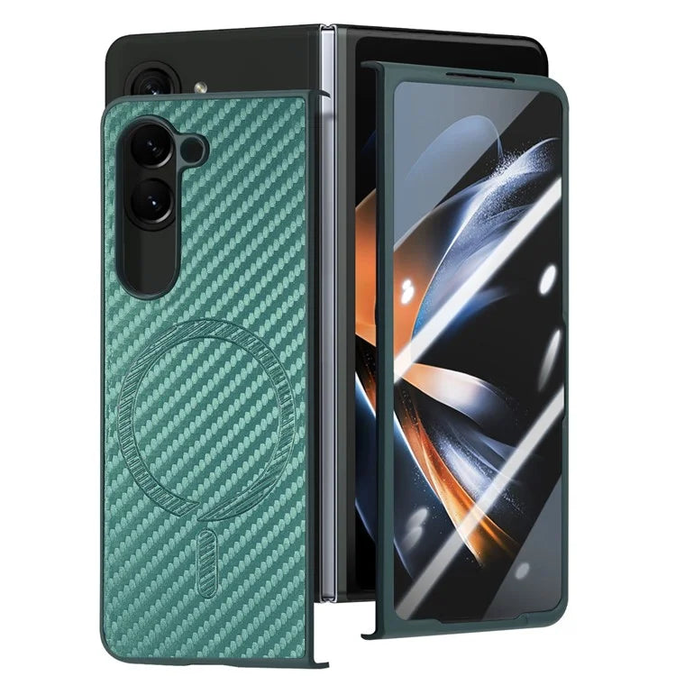 For Samsung Galaxy Z Fold6 5G Magnetic Case Carbon Fiber Texture Leather+PC Cover with Screen Film