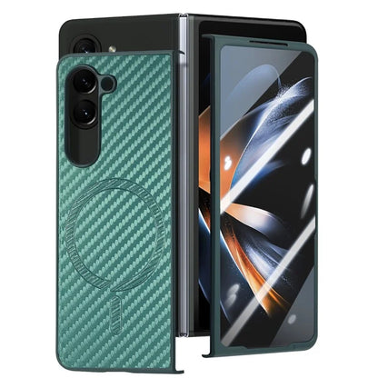 For Samsung Galaxy Z Fold6 5G Magnetic Case Carbon Fiber Texture Leather+PC Cover with Screen Film