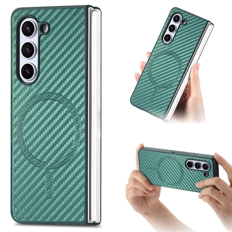 For Samsung Galaxy Z Fold6 5G Magnetic Case Carbon Fiber Texture Leather+PC Cover with Screen Film