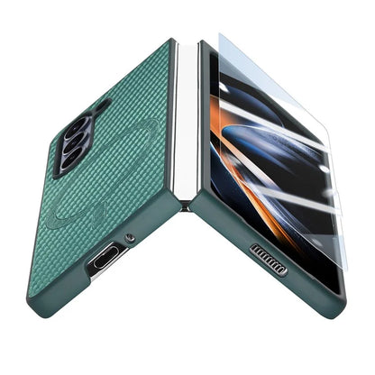 For Samsung Galaxy Z Fold6 5G Magnetic Case Carbon Fiber Texture Leather+PC Cover with Screen Film