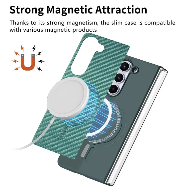 For Samsung Galaxy Z Fold6 5G Magnetic Case Carbon Fiber Texture Leather+PC Cover with Screen Film
