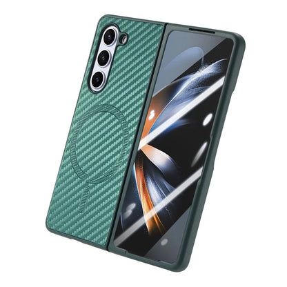 For Samsung Galaxy Z Fold6 5G Magnetic Case Carbon Fiber Texture Leather+PC Cover with Screen Film