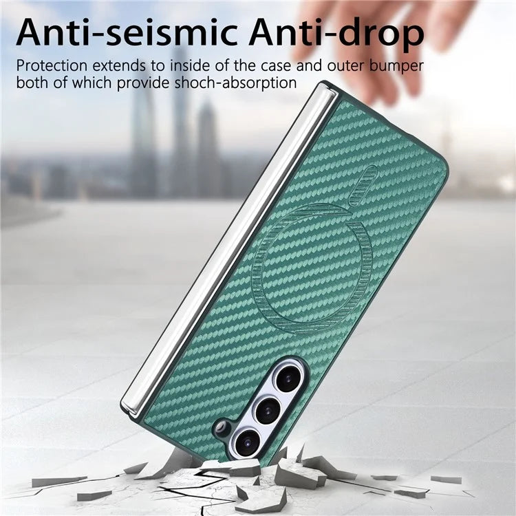 For Samsung Galaxy Z Fold6 5G Magnetic Case Carbon Fiber Texture Leather+PC Cover with Screen Film