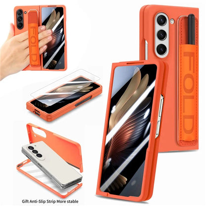 For Samsung Galaxy Z Fold6 5G Case Wristband Pen Slot Leather+PC Phone Cover with Screen Film