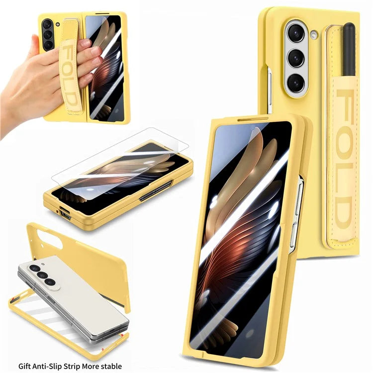 For Samsung Galaxy Z Fold6 5G Case Wristband Pen Slot Leather+PC Phone Cover with Screen Film