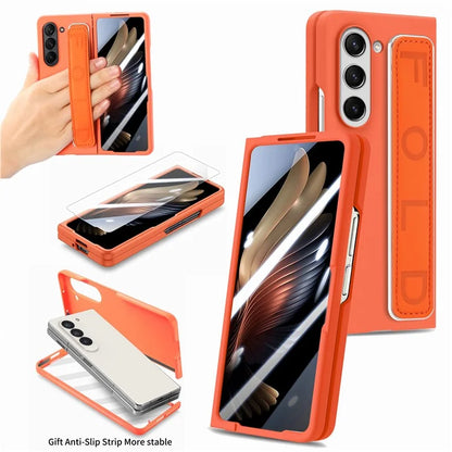 For Samsung Galaxy Z Fold6 5G Case Anti-Drop Wristband Leather+PC Phone Cover with Screen Film