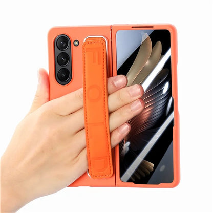 For Samsung Galaxy Z Fold6 5G Case Anti-Drop Wristband Leather+PC Phone Cover with Screen Film