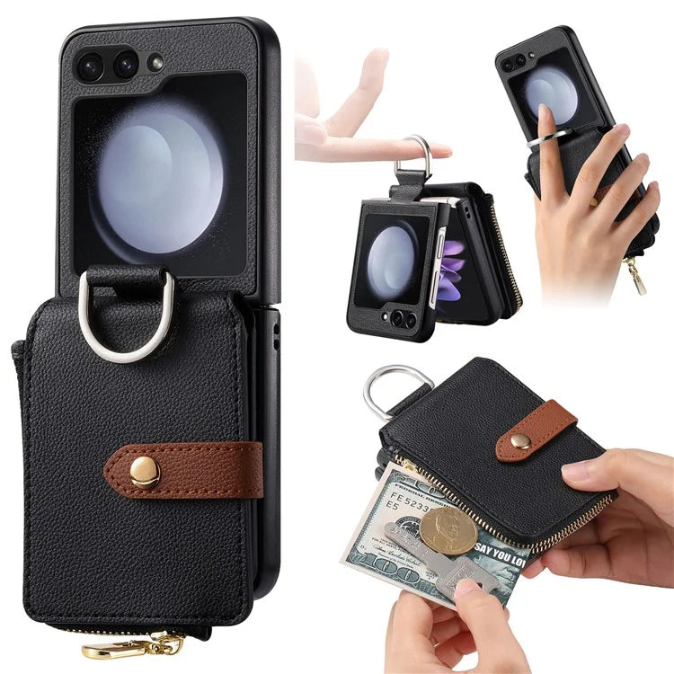 For Samsung Galaxy Z Flip6 5G Case Zipper Pocket Leather+PC Phone Cover with Ring Holder