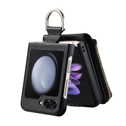 For Samsung Galaxy Z Flip6 5G Case Zipper Pocket Leather+PC Phone Cover with Ring Holder
