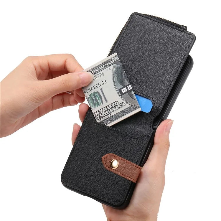 For Samsung Galaxy Z Flip6 5G Case Zipper Pocket Leather+PC Phone Cover with Ring Holder