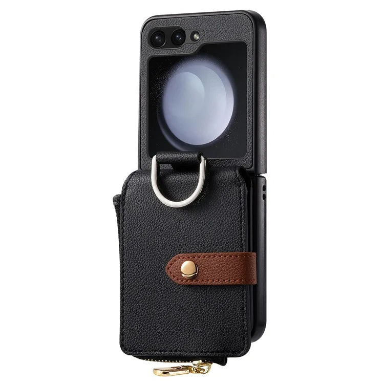 For Samsung Galaxy Z Flip6 5G Case Zipper Pocket Leather+PC Phone Cover with Ring Holder